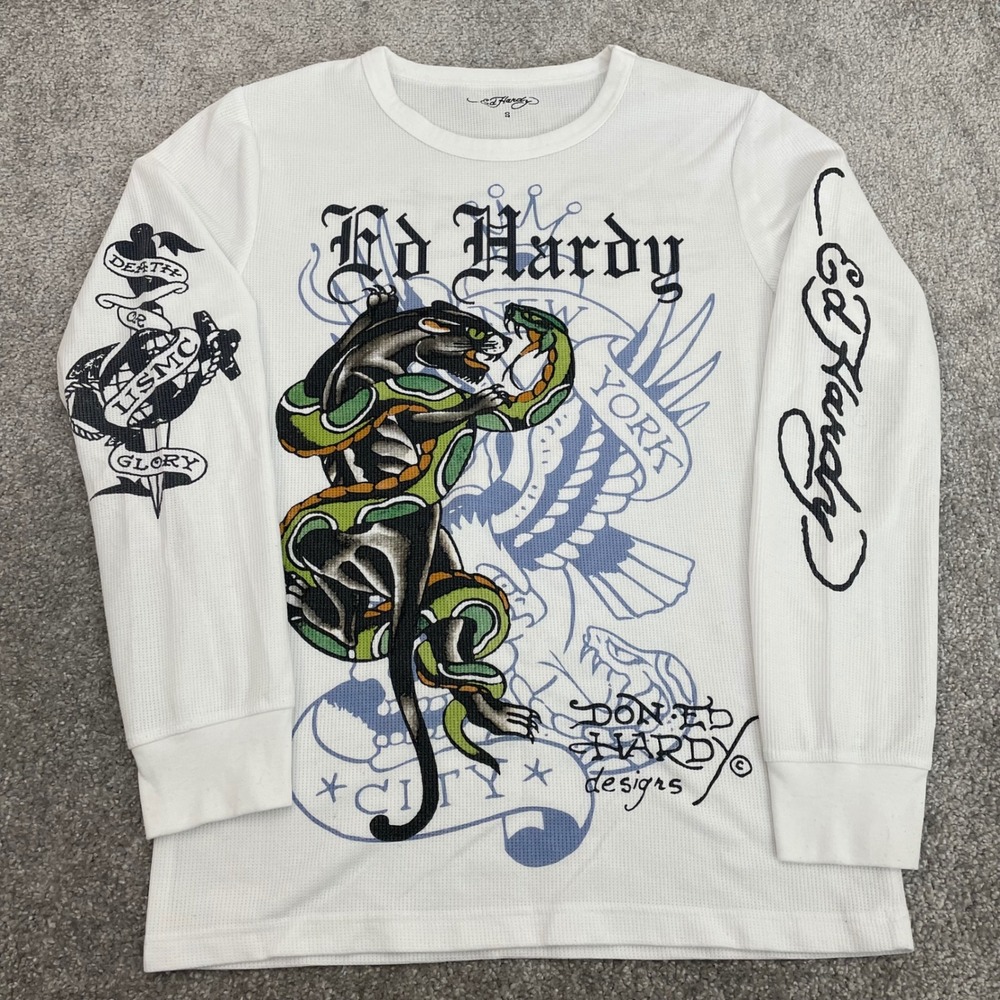 Ed Hardy Waffle Knit Long Sleeve Shirt Mens Small Thermal Panther Snake Y2K
